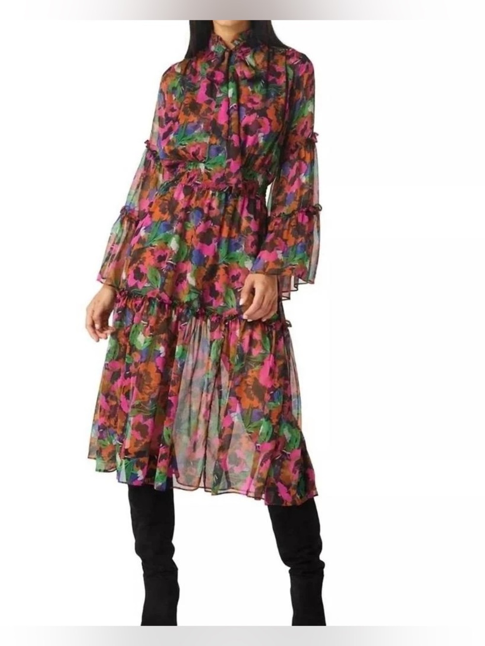 MISA Merce Ruffle Neck Floral Tiered Midi Dress In Multicolor, Size XL